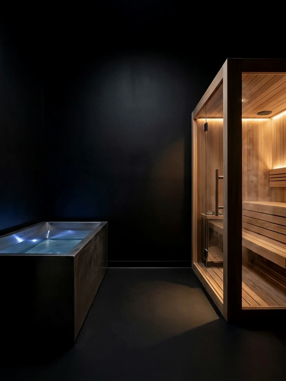 A lit cedar sauna and a cold plunge in a dark, quiet room